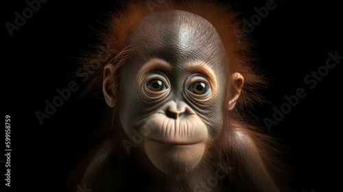 Baby Orangutan, minimalistic background. Generative AI © piai