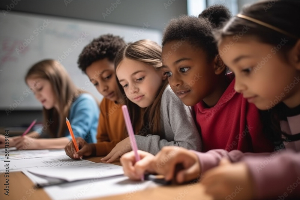 A group of different ethnicity kids learning in a modern classroom. Generative AI A group of different ethnicity kids learning in a modern classroom. Generative AI