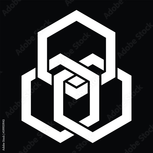 Vector graphic of three white interlinked regular hexagons. A logo for unity or cooperation