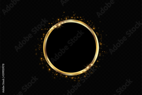 Abstract sparkling golden frame light effect on transparent background. Spark with ring glossy line.
