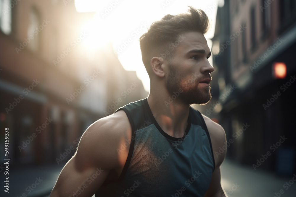 Young athletic man jogging at sunrise in the city streets. Generative AI