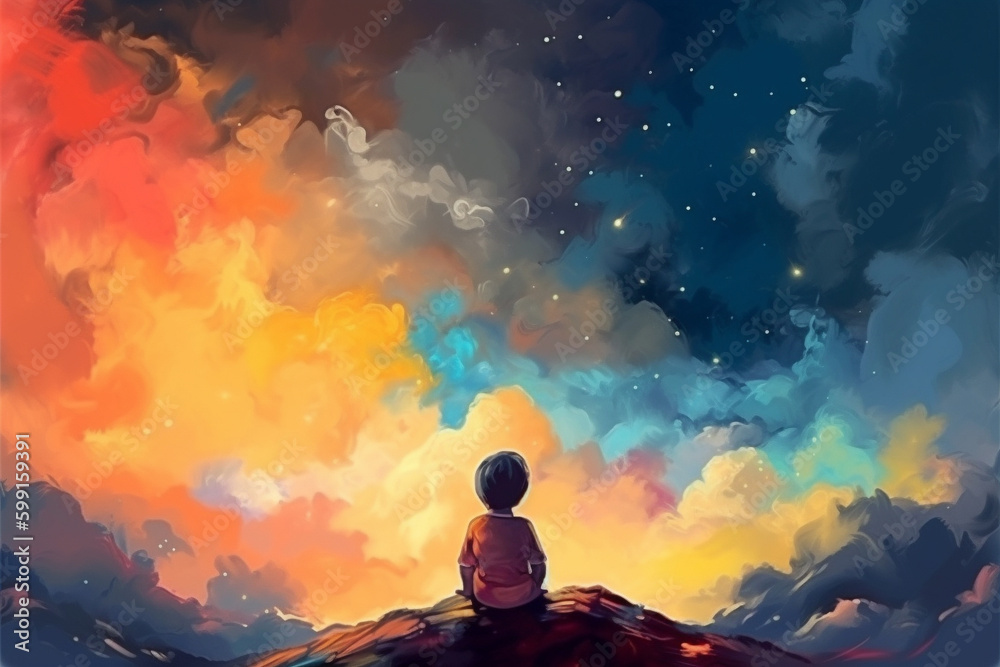 Colorful hand drawn illustration of a little boy daydreaming and imagining. Generative AI Colorful hand drawn illustration of a little boy daydreaming and imagining. Generative AI