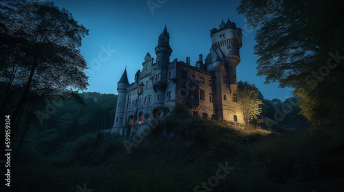 Medieval castle in a forest at evening. Generative AI