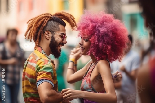 Cool young couple dancing happily in the street - colorful urban scene. Generative AI © Mihai Zaharia