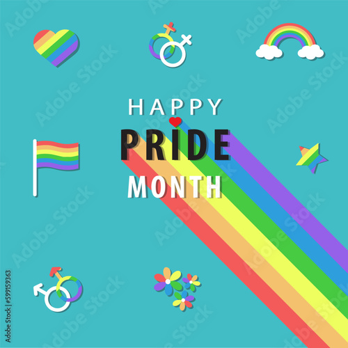 Happy Pride Month with rainbow, sign, symbol, heart, flag, star, flower in LGBTQ style vector on blue background. LGBTQ illustration.