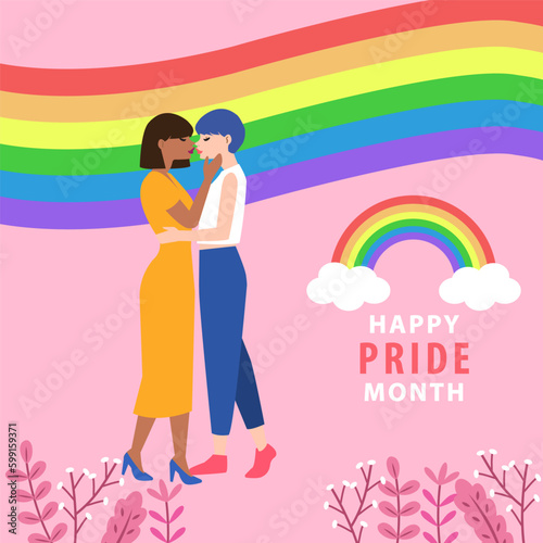 Couple of Lesbian are in love with each other. kissing in front of the LGBTQ flag vector on pink background. Happy Pride Month illustration. LGBTQ concept.