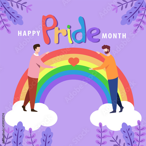 Couple of men are in love with each other. standing on the clouds with rainbow vector on purple background. Happy Pride Month illustration. LGBTQ concept.