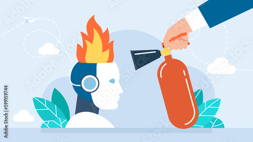 A man extinguishes a fire in a robot's head. Artificial brain glitch and exploded. Cyborg with artificial intelligence failures overloaded and broken down. AI not coped with task. Vector illustration