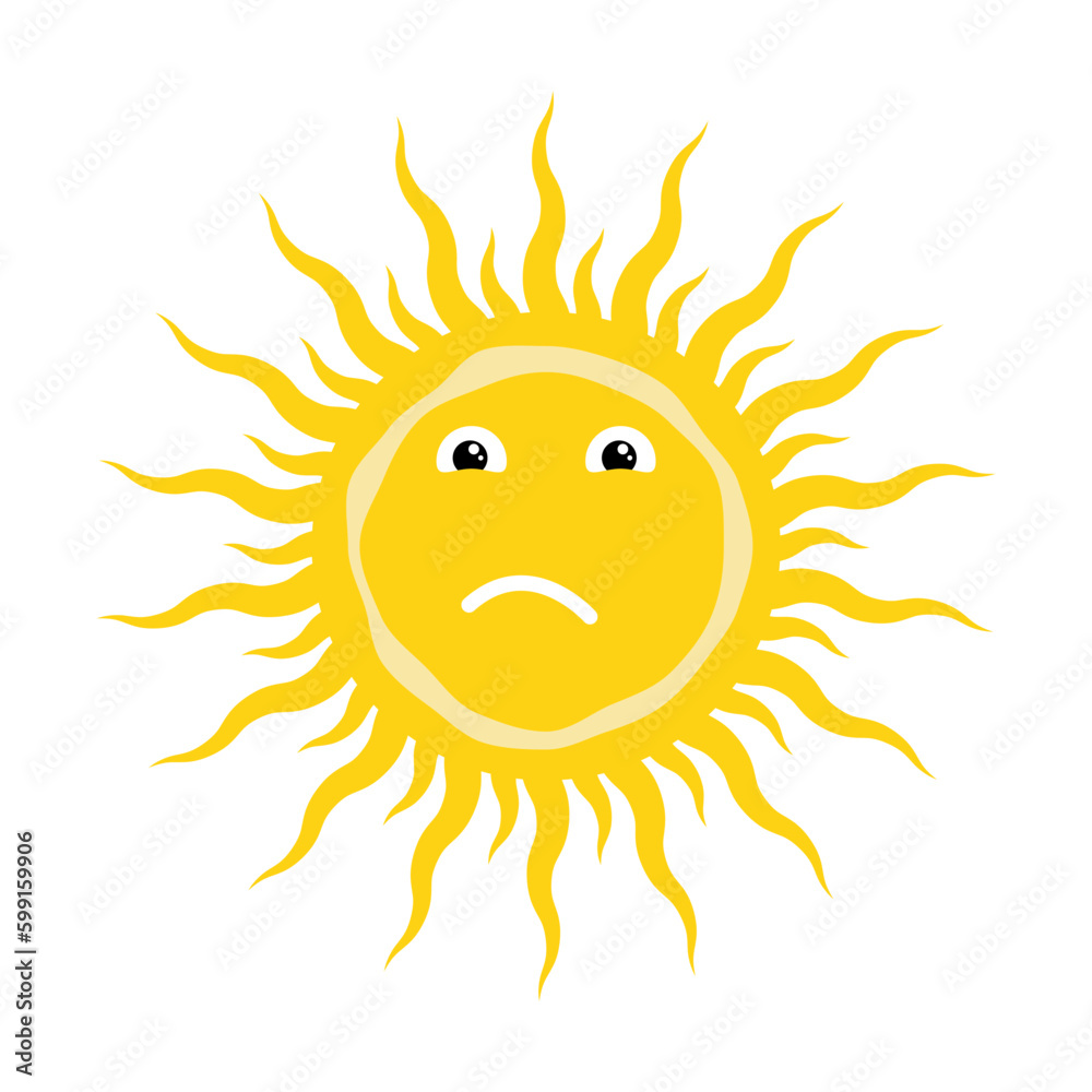 Stylized yellow summer sun funny character with dissatisfied face. Sun icon with different shapes of rays. Simple Vector isolated on white background
