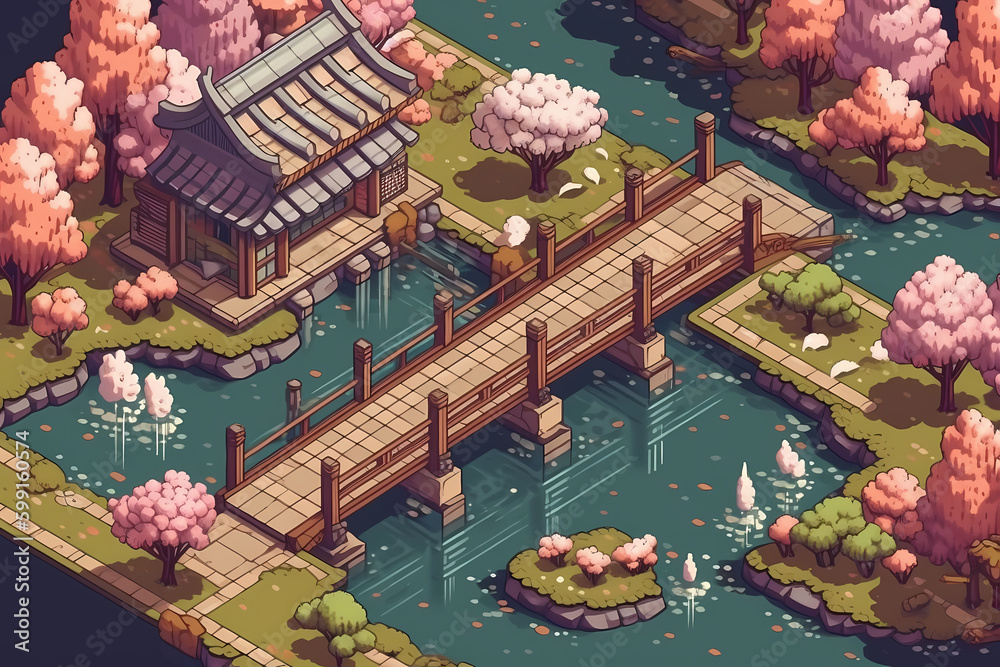 A serene Japanese garden with cherry blossoms. generative AI