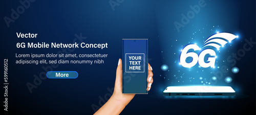 6G technology concept. Hand holding a smartphone with 6G network connection concept. High-speed smart phone mobile Internet, new generation networks. Vector.
