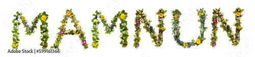 Wallpaper Mural Colorful Flowers Building Word Mamnun, Isolated Background Torontodigital.ca