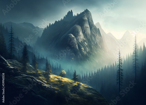 Verdant Mountain Peaks of Serenity: A Tranquil Journey Through Lush Pine Forests and Majestic Mountains in Natural Landscape Environment