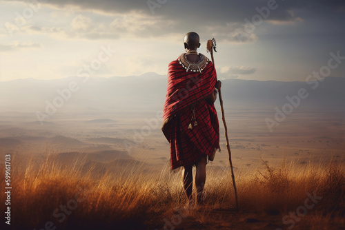 Back view of a lone Maasai warrior. generative AI