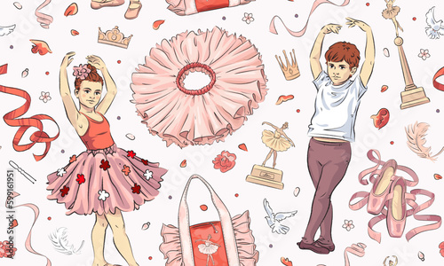 Seamless pattern with hand drawn little ballerinas and ballet school elements. Vector illustration