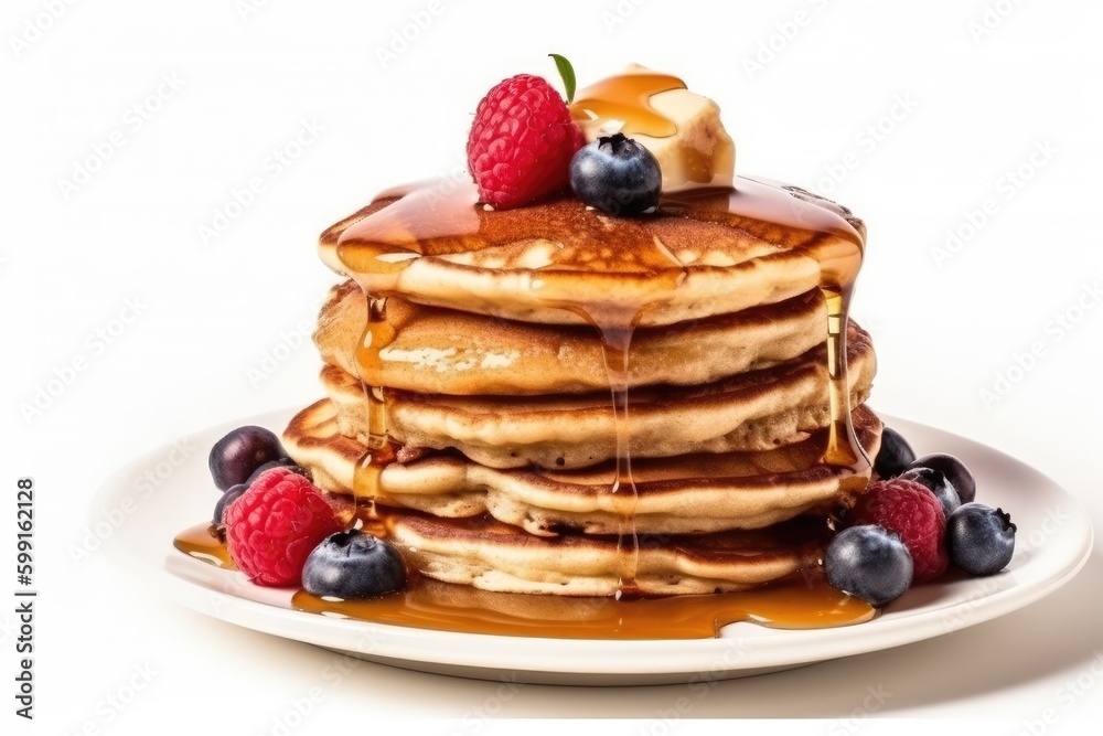 Pancake with fresh fruit for breakfast on white background. Generative Ai