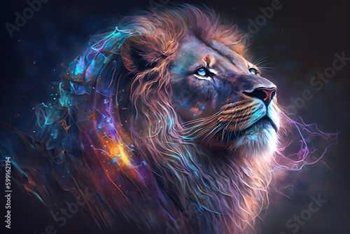  A close up of a lion on a black background  an airbrush painting  fantasy art  red blue and gold color scheme by Generative AI