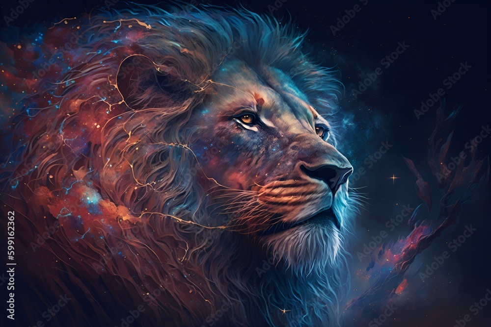 Naklejka premium A close up of a lion on a black background, an airbrush painting, fantasy art, red blue and gold color scheme by Generative AI