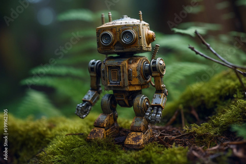 forgotten toy robot covered in leaves and moss. generative AI