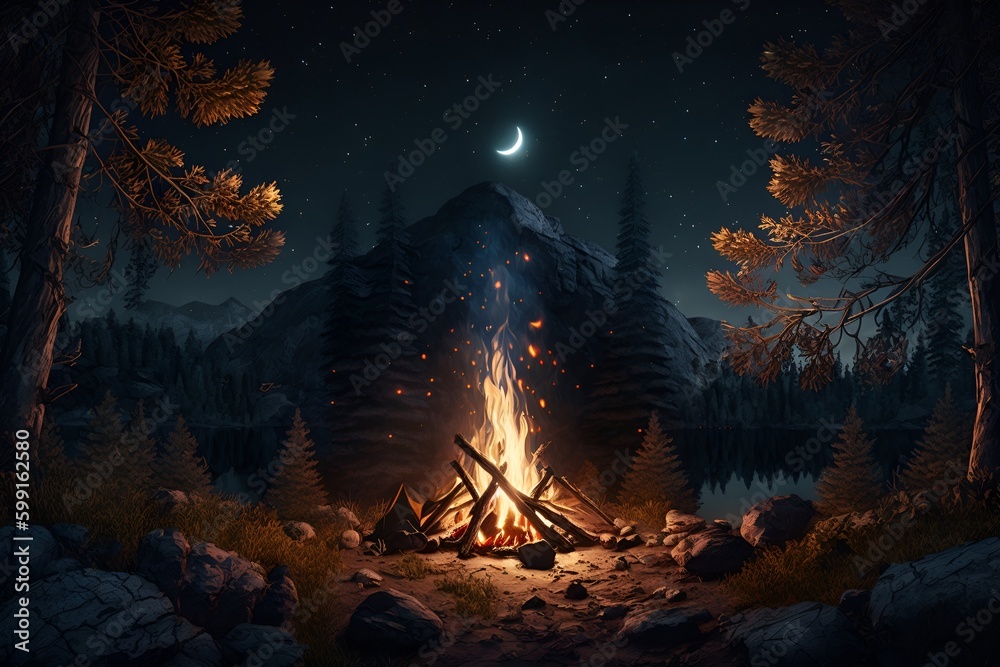 A campfire in the middle of a forest at night, a digital painting, Artstation, icon for weather app, the artist has used bright, realistic fire sharp focus by Generative AI - obrazy, fototapety, plakaty 