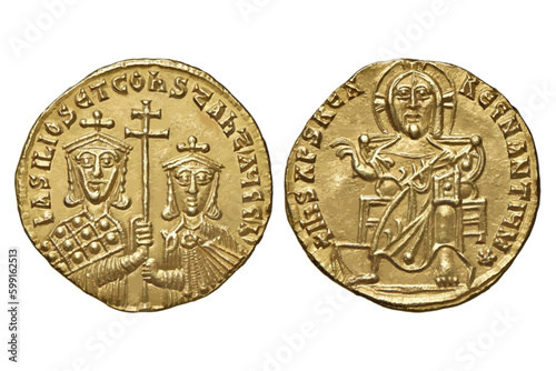 Old coin. Byzantine Coin. Basilio I (867-886) Solid. Vector illustration.