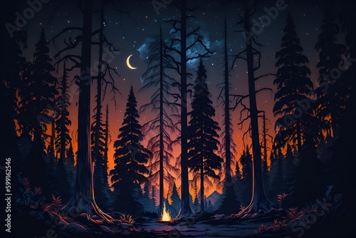 Campfire inside of magical forest,Camp fire,magical forest,camping,night art by Generative AI