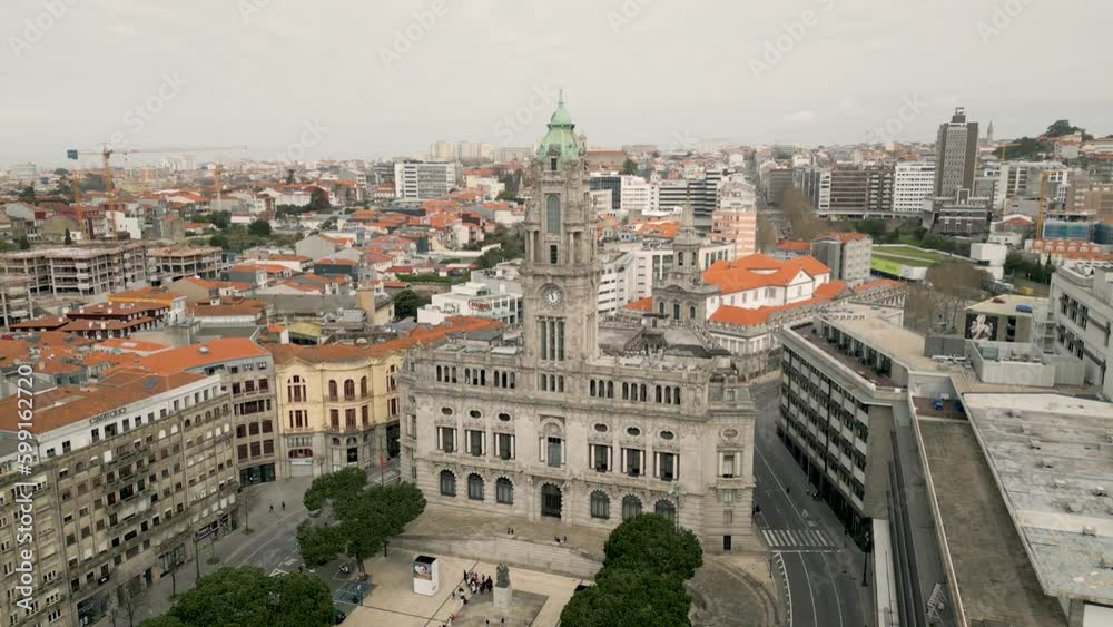Front View Of The Camara Municipal Of Porto With Cityscape In Background On A Cloudy Day In Portugal. aerial Front View Of The Camara Municipal Of Porto With Cityscape In Background On A Cloudy Day In Portugal. aerial