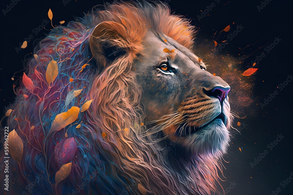 Naklejka premium A close up of a lion on a black background, an airbrush painting, fantasy art, red blue and gold color scheme by Generative AI