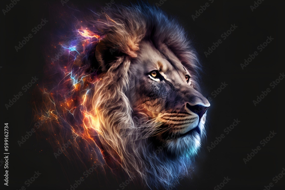 Fototapeta premium A close up of a lion on a black background, an airbrush painting, fantasy art, red blue and gold color scheme by Generative AI