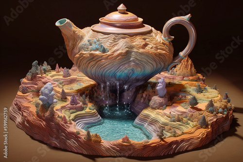 gargantuan teapot pouring an iridescent waterfall. generative AI