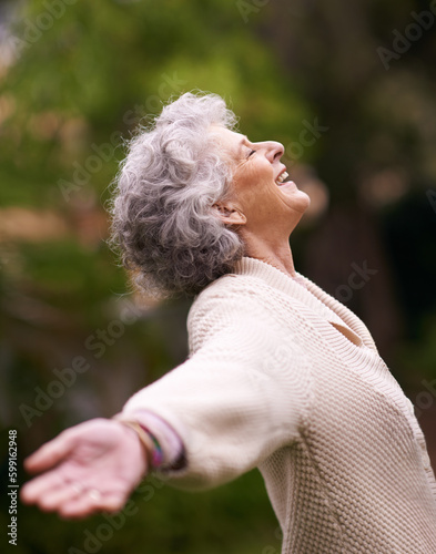 Obraz na plátne Happiness, senior woman with open arms enjoying life outdoors or success, happy and retired lady celebration of financial freedom