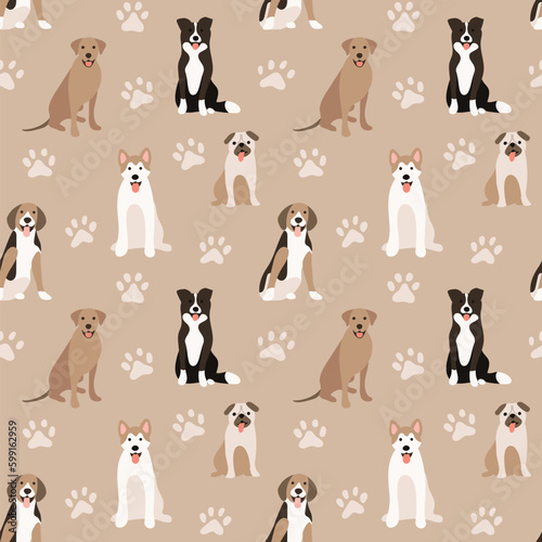 Dogs pug, akita, border collie, ridgeback, beagle dog seamless repeat pattern. natural. gender neutral. earth tones. beige, brown. cute pet puppy.