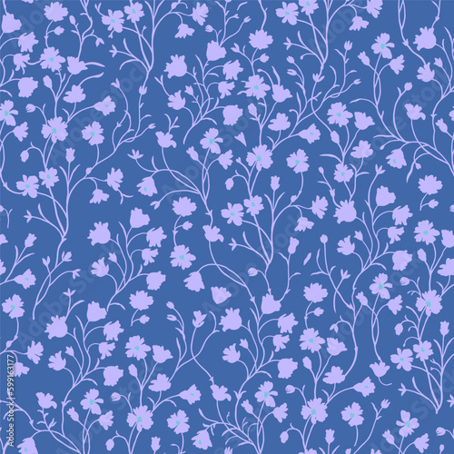 Spring floral pattern of purple flowers on a blue background.