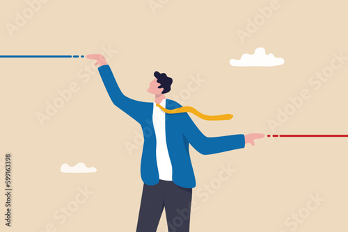 Expectation vs reality result, aim high standard or ambition to success and achieve goal, challenge or hope, motivation concept, businessman make an expectation and other hand as result line.