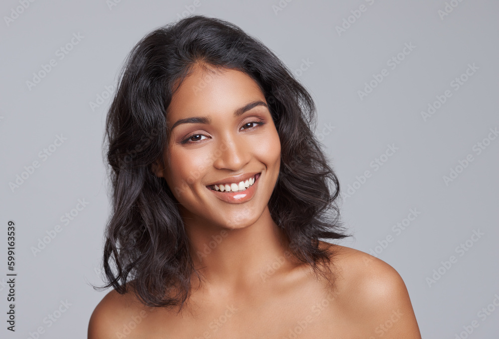 Portrait, beauty and hair with a woman in studio on a gray background for natural haircare treatment. Face, skincare and shampoo with an attractive young female model at the salon for a haircut - obrazy, fototapety, plakaty 