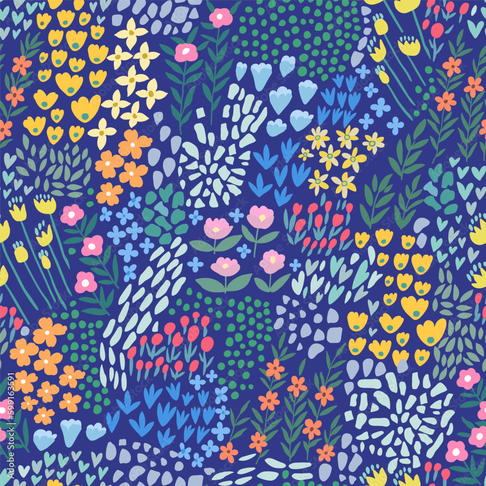 A pattern of abstract bright spring and summer flowers on a blue background.
