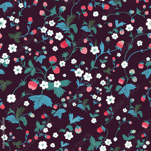 Wallpaper Mural A pattern with flowers, berries and leaves of wild strawberries. Vector seamless texture illustration for summer cover, botanical wallpaper pattern, dark purple background. Torontodigital.ca