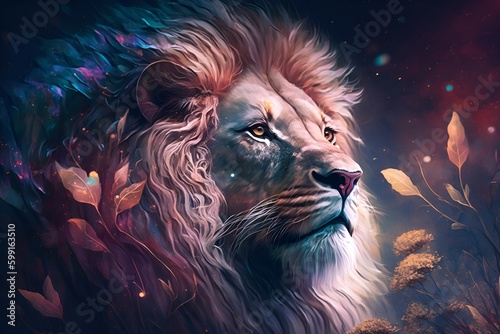 A close up of a lion on a black background  an airbrush painting  fantasy art  red blue and gold color scheme by Generative AI