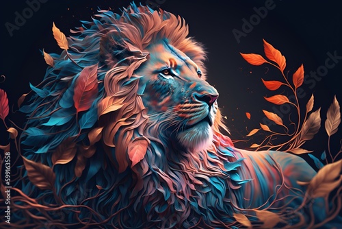 A close up of a lion on a black background, an airbrush painting, fantasy art, red blue and gold color scheme by Generative AI