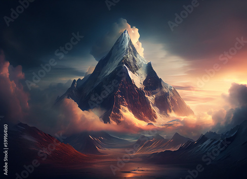 Sunset Serenade: A Mesmerizing Vista of Snow-Draped Mountain Peaks and Celestial Clouds Amidst the Fading Light before it Gets Dark