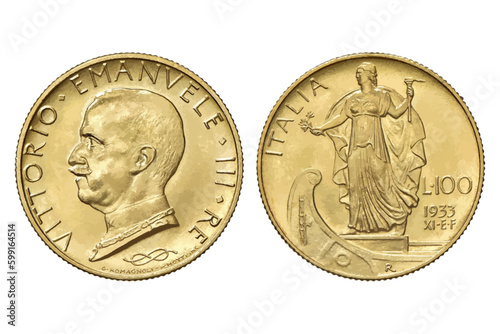 Old coin. Italian Coin. Gold 100 Lire. Vector illustration.