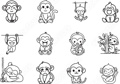 Set of Cute monkey line art illustration