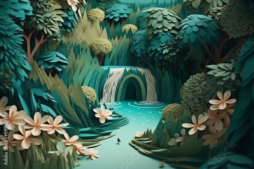 paper art style of a picturesque waterfall in forest. generative AI