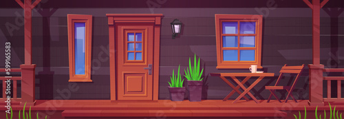 Cartoon house facade with table and chair on porch. Vector illustration of wooden village cottage, coffee served on empty patio for outdoor rest, green plants near door. Cozy home exterior design