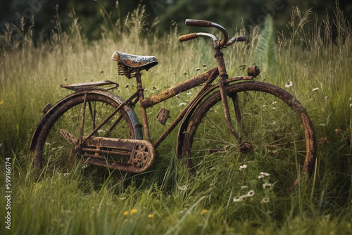 rusted bicycle lying in a field of tall grass. generative AI