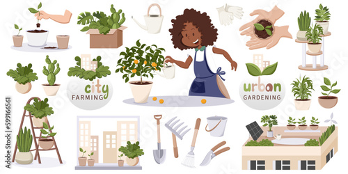 Cute city farming set. African american woman watering plants. Potted plants on shelves, roof, window. Home decor and urban gardening concept. Isolated vector illustration in cartoon style