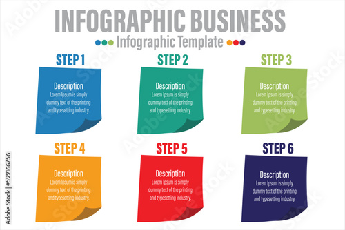 Notes process with six 6 steps or six 6 option. Three colorful graphic elements. Timeline design for brochure, presentation, web site. Infographic design layout.