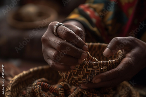 weaving a traditional basket at an African city market. generative AI