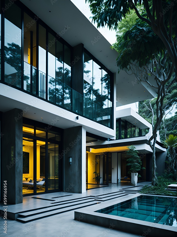 Photo of a contemporary house with a stunning pool in the foreground - obrazy, fototapety, plakaty 