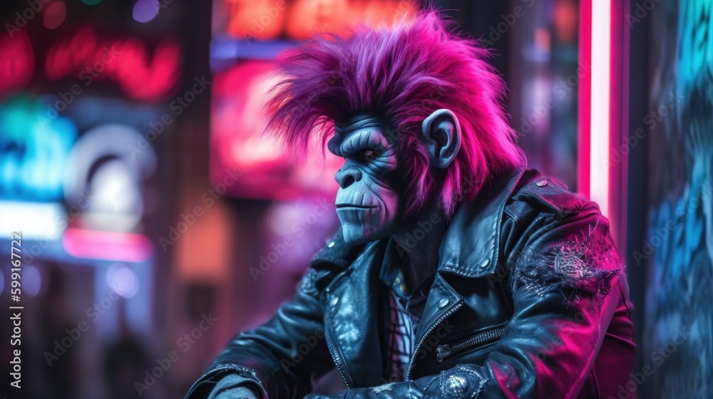 Sad ape emotionally drained and depressed, sitting lonely and neglected outside cyberpunk city streets, masculine and tough but has broken heart - generative AI